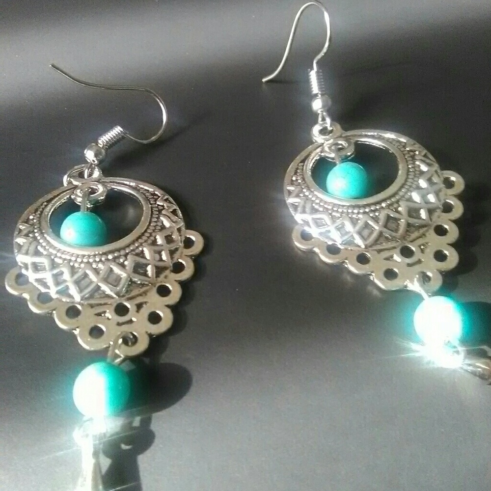 New Shiny Silver Fashion Drop Turquoise Earrings - Picture 5 of 5
